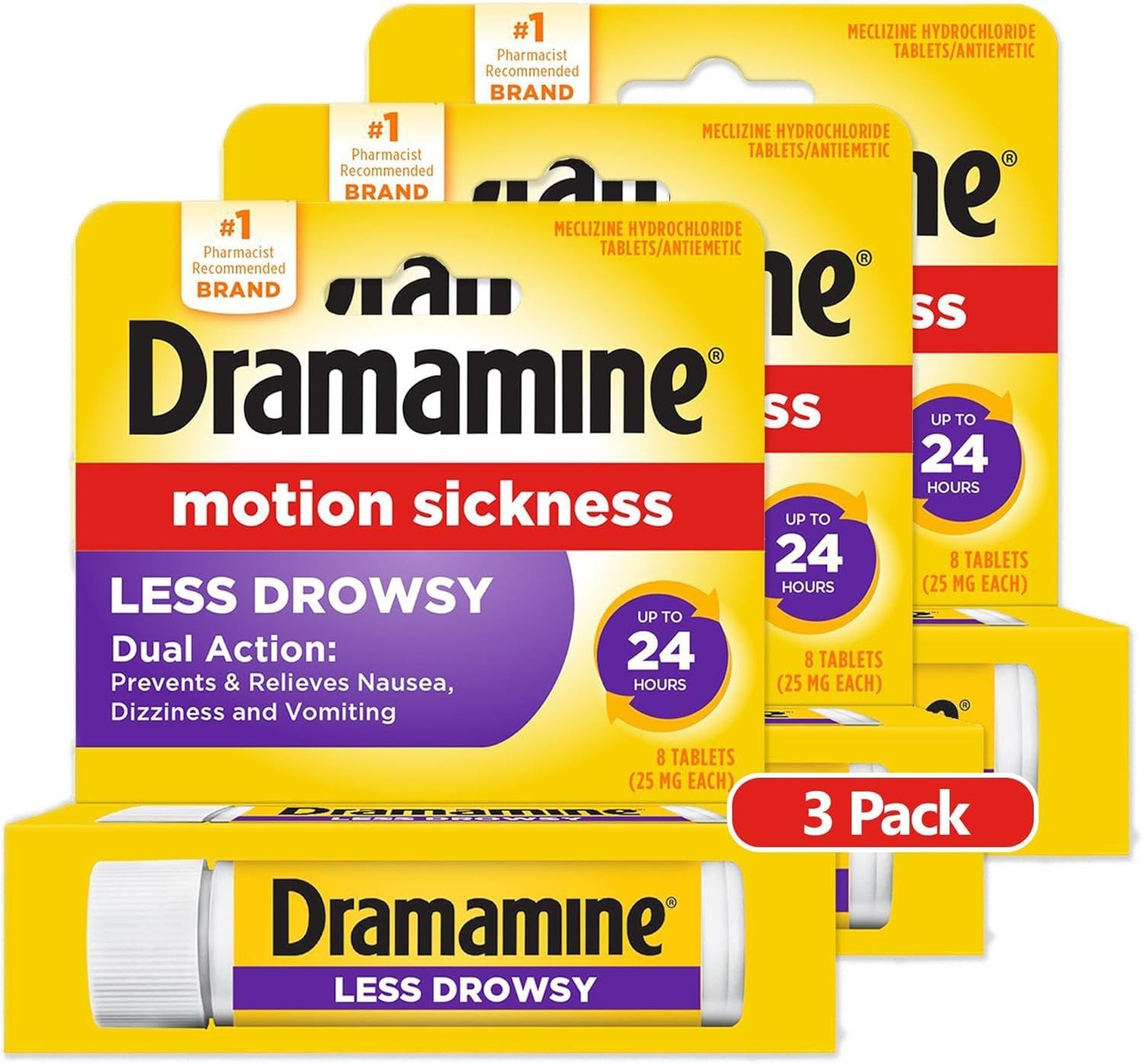 Dramamine All Day Less Drowsy, Motion Sickness Relief, 8 Ct., 3 Pack, Exp. 7/27
