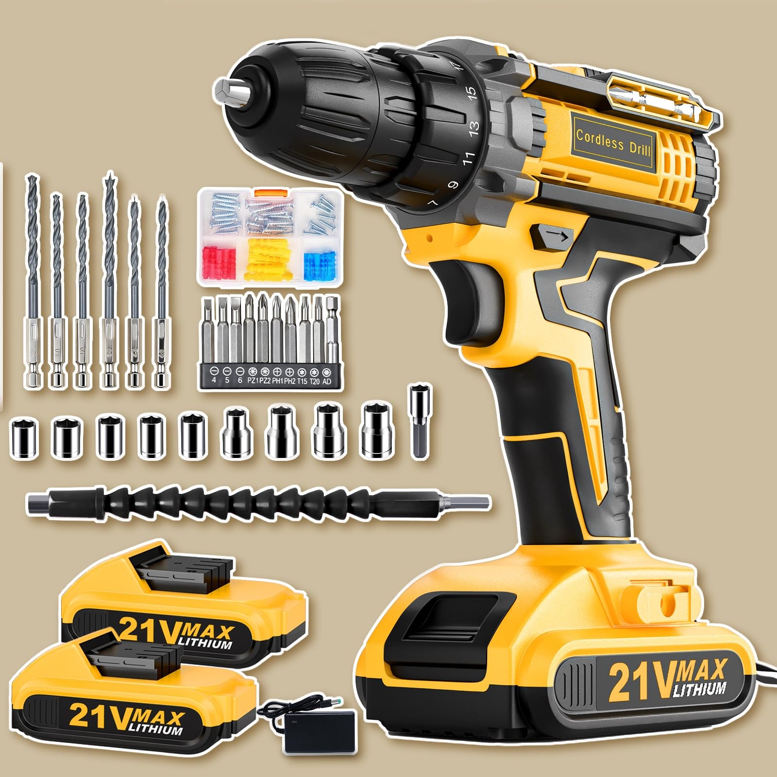 21V Cordless Power Drill Set Dual 2.0Ah Charger 3/8 Inch 25+1 90 PCS Kit