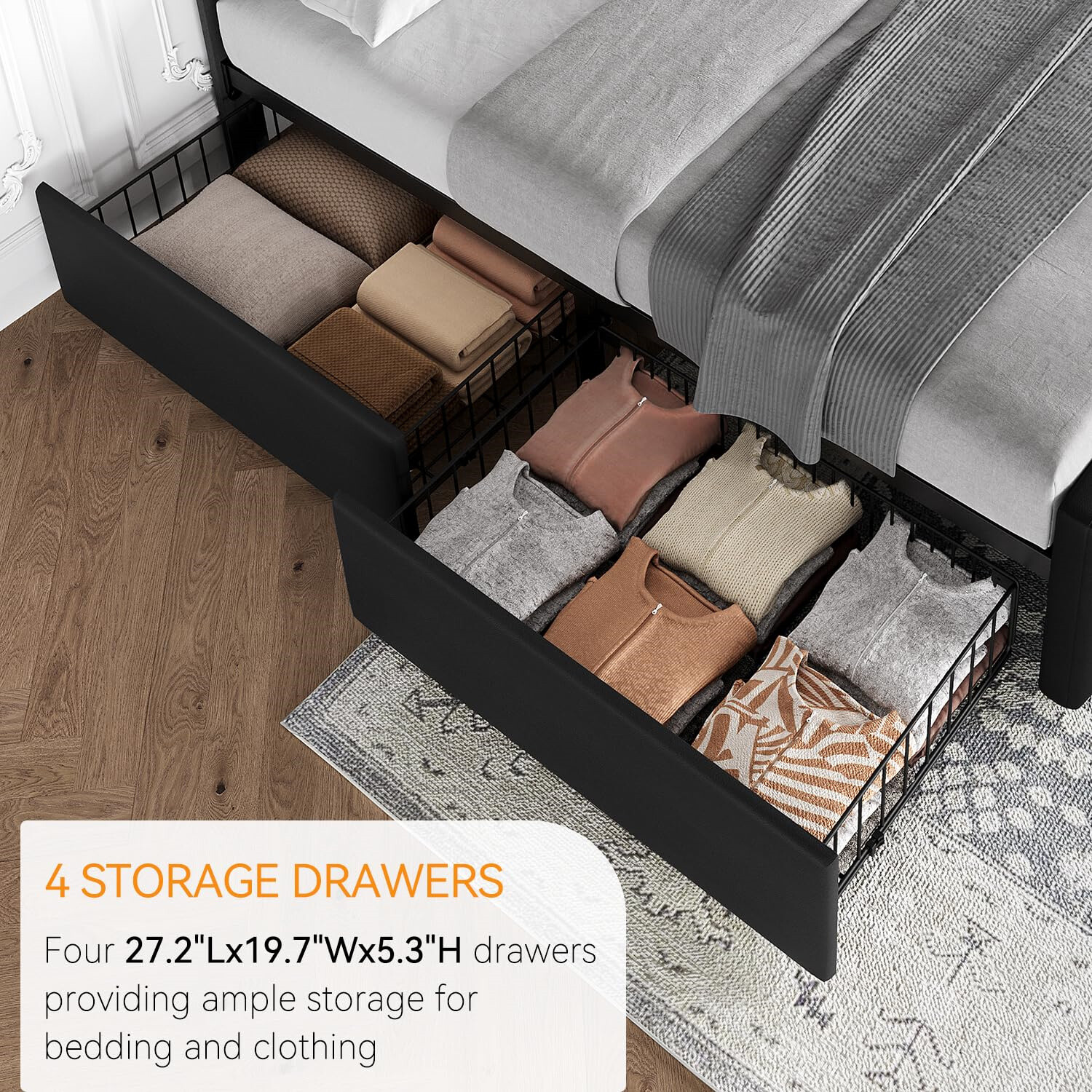 ⭐Full Size Bed Frame with 4 Storage Drawers and Headboard Upholstered Platform U