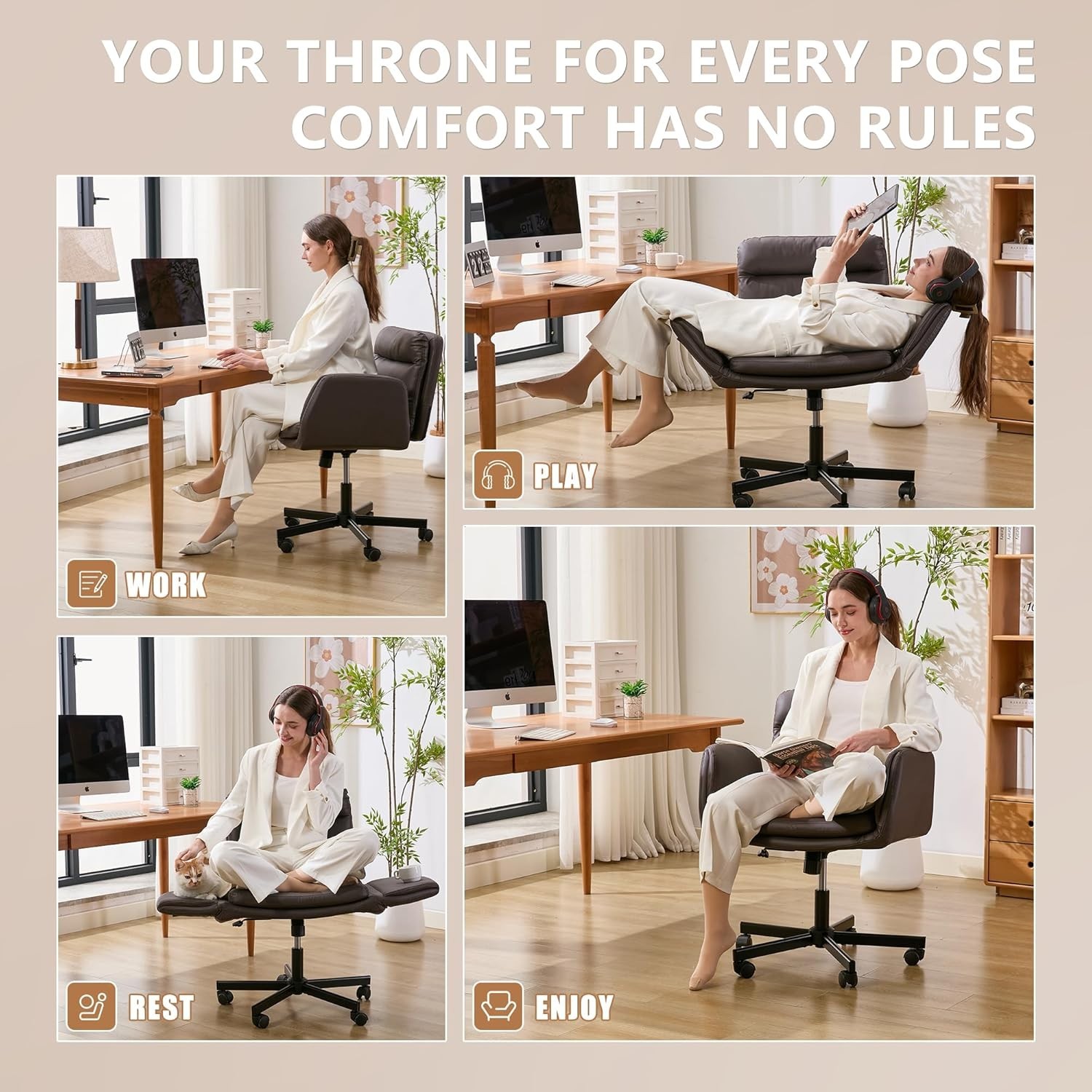 Criss Cross Chair with Flip-Up Arms & Swivel Wheels, Vanity Chair with Adjust...