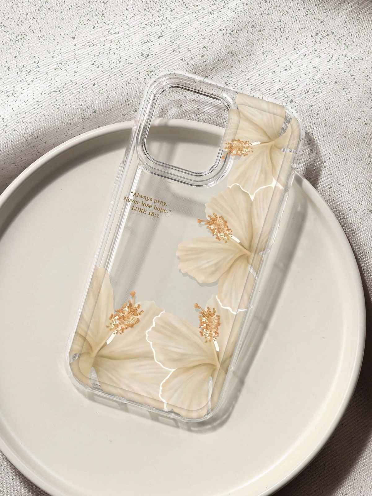 Transparent Hibiscus Flower Case With Luke 18:1 Quote For iPhone 17e