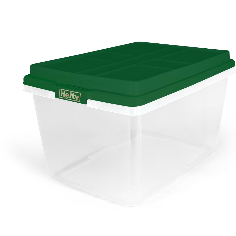 Hefty 72 Qt Clear Plastic Storage Bin, Green Hi-Rise Lid, Stackable Tote, 6 Pack
