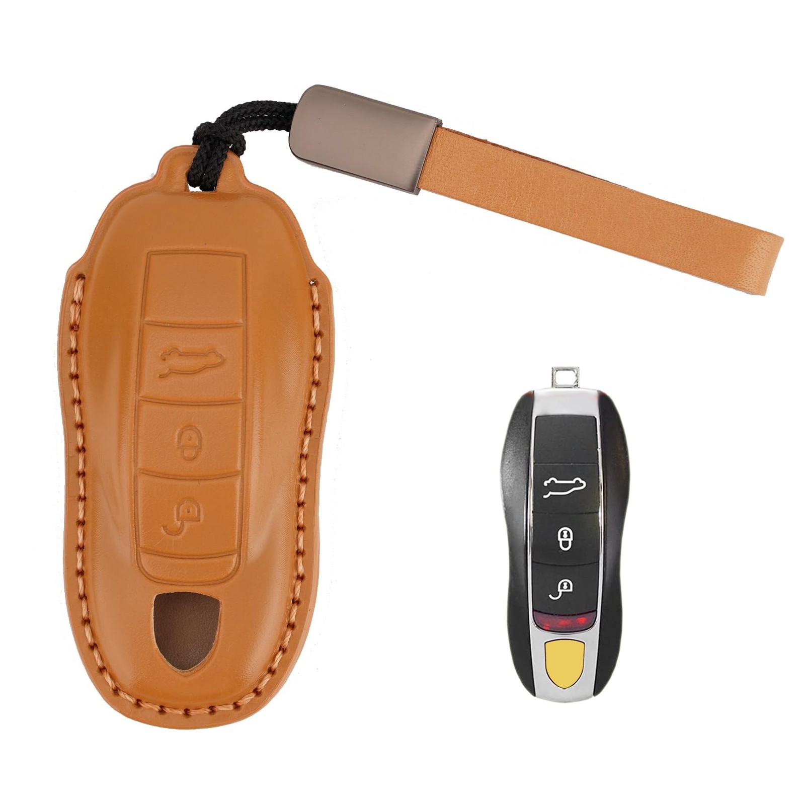 Leather Key Fob Cover with Keychain for Porsche Panamera, Macan, Ca... Fast Ship