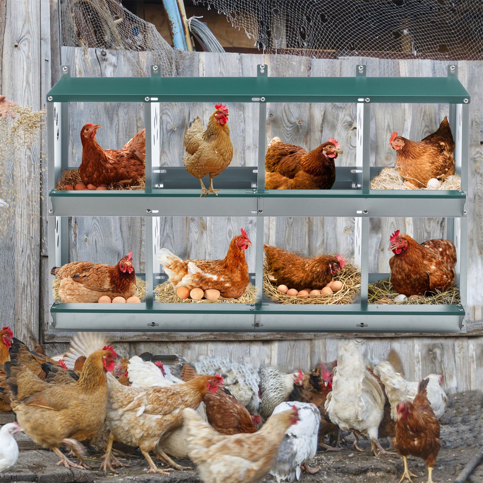 Metal Hens Box 8 Compartment Wall Mount Nesting Box for Chickens Laying Eggs