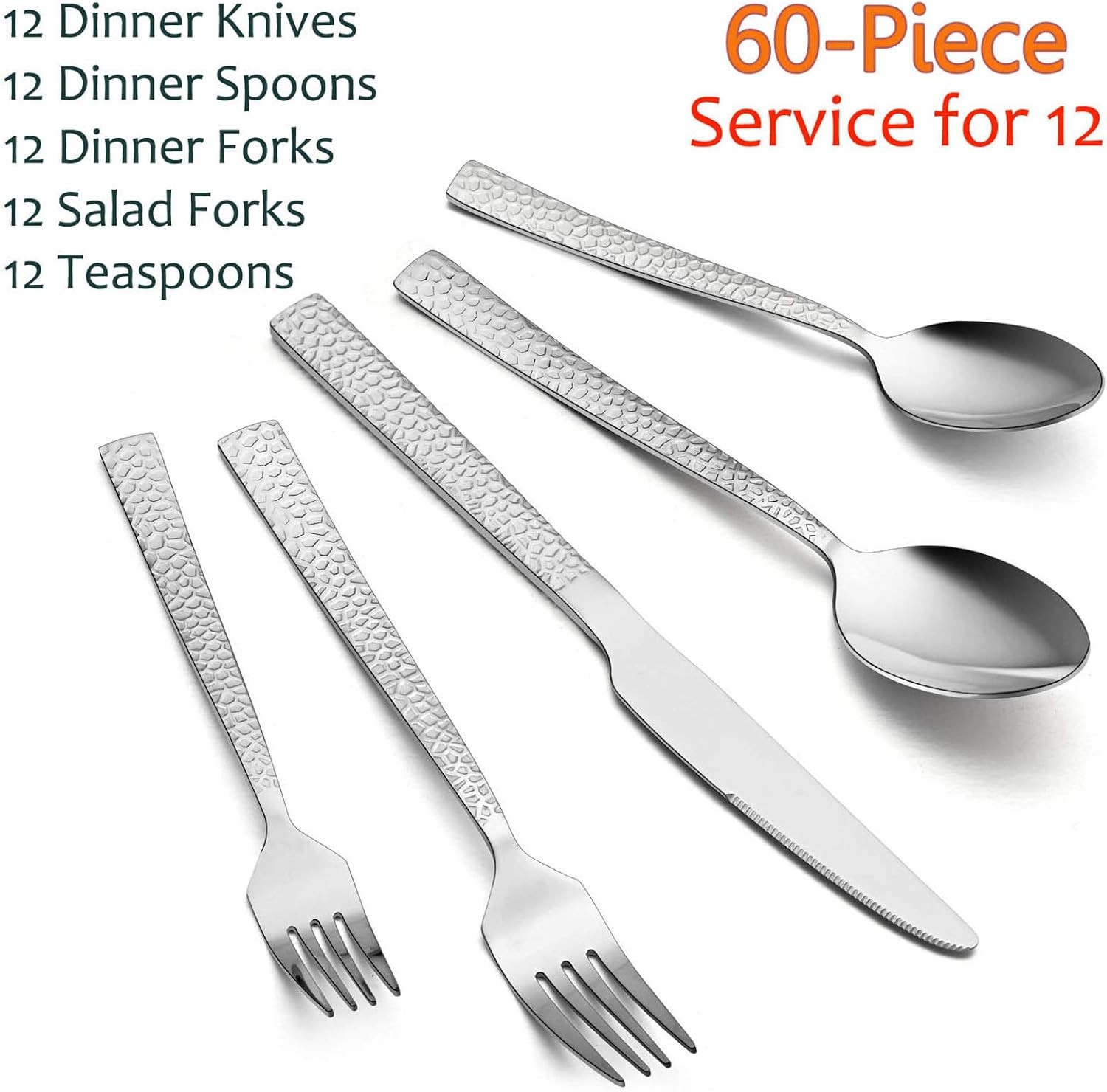 60-Piece Silverware Set Hammered Stainless Steel Square Flatware Cutlery Set 12