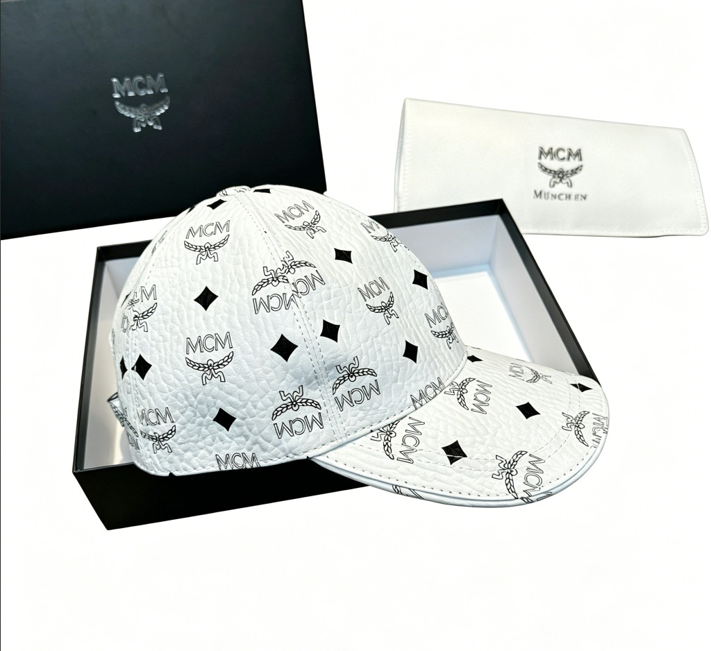 NWT Classic MCM All Over Logo Adjustable White Leather Baseball Cap