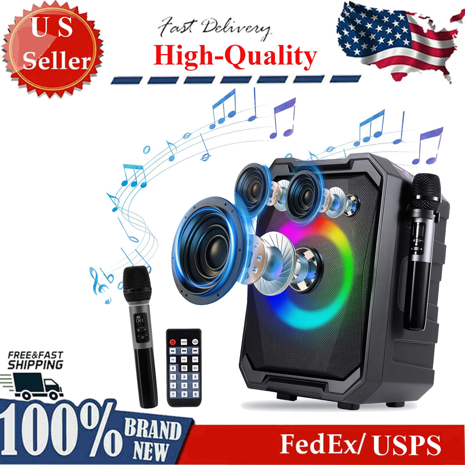 Wireless Party Speaker w LED Light 2 Wireless Mic Remote Control Music Accompany