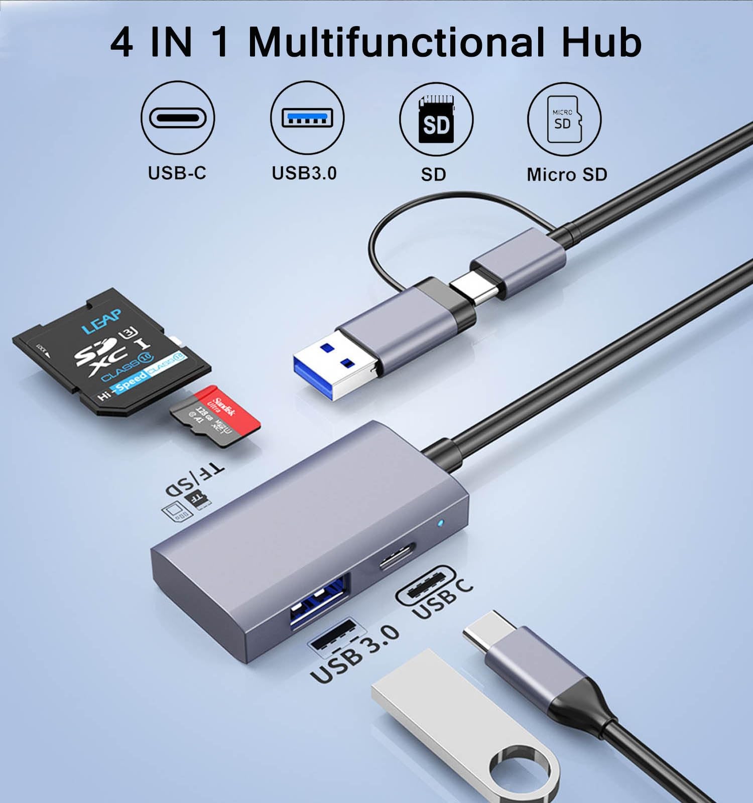 USB C 3.0 SD Card Reader 4 in 1, A&C Hub with Memory Silver Gray