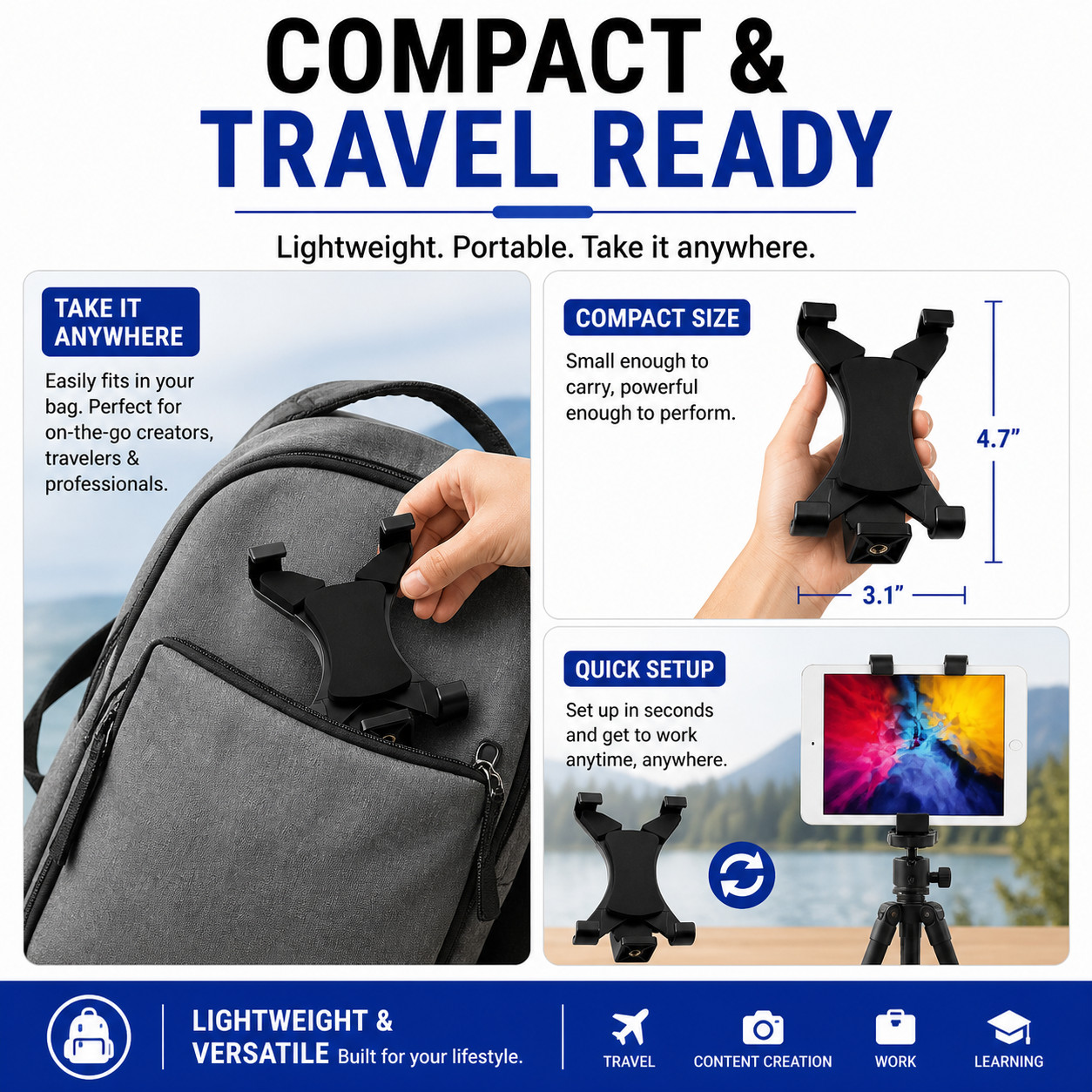 Tripod Mount Holder Bracket 1/4" Thread Adapter For 7"-12" Tablet iPad Universal