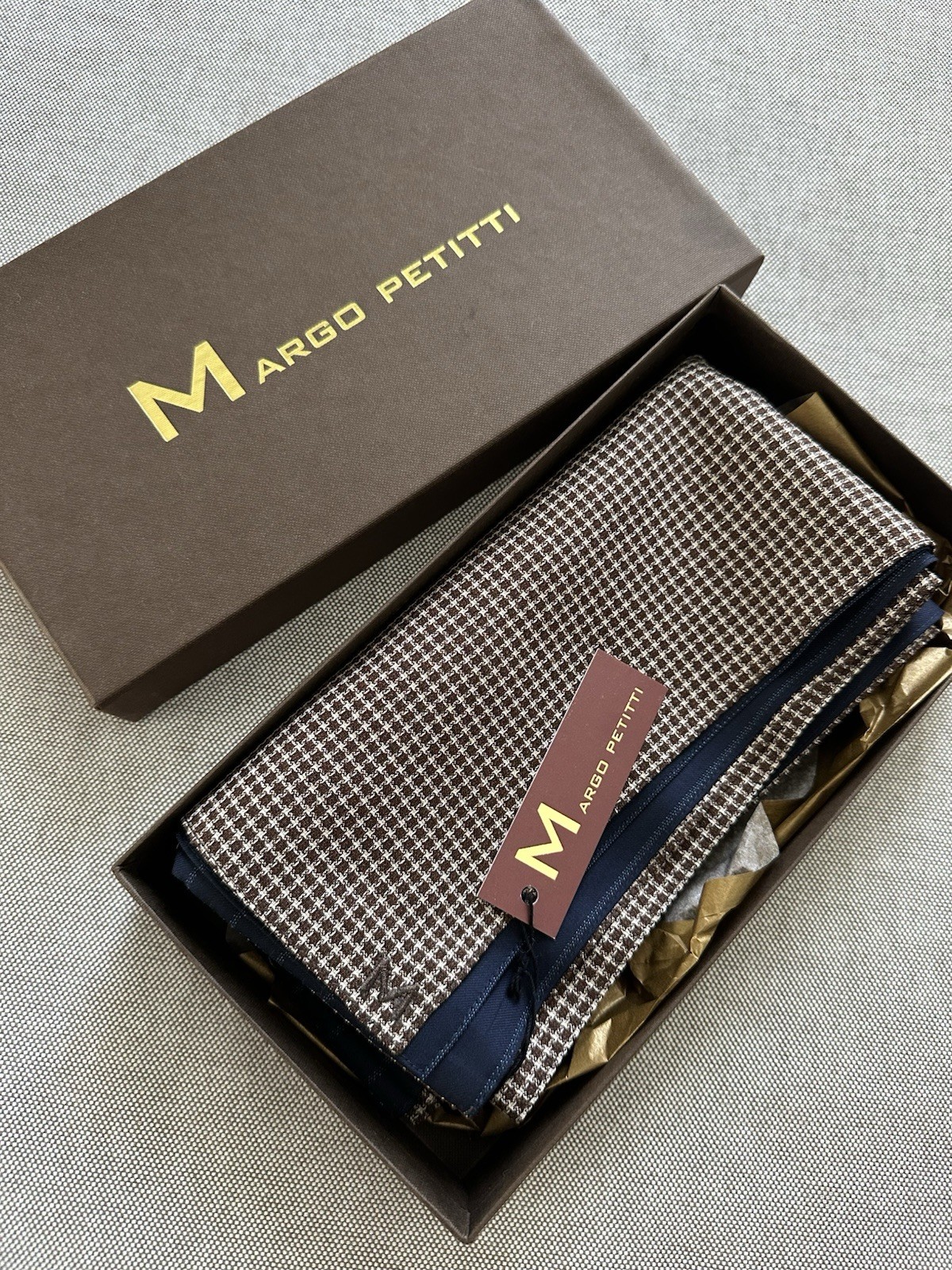 Margo Petitti Patchwork Wool Scarf – Espresso & Navy Edition NWT