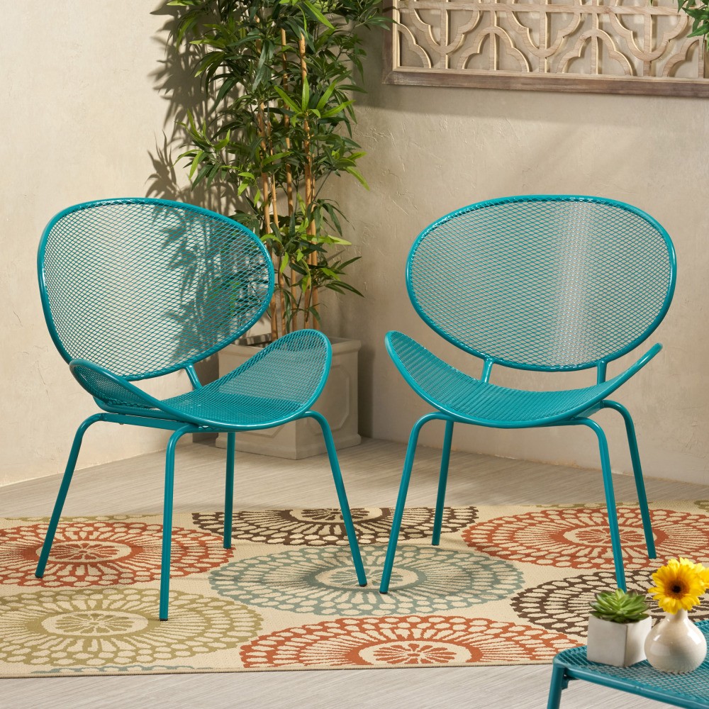 Modern Teal Iron Shell Chair w/ Mesh Seat for Outdoor & Indoor, Set of 2