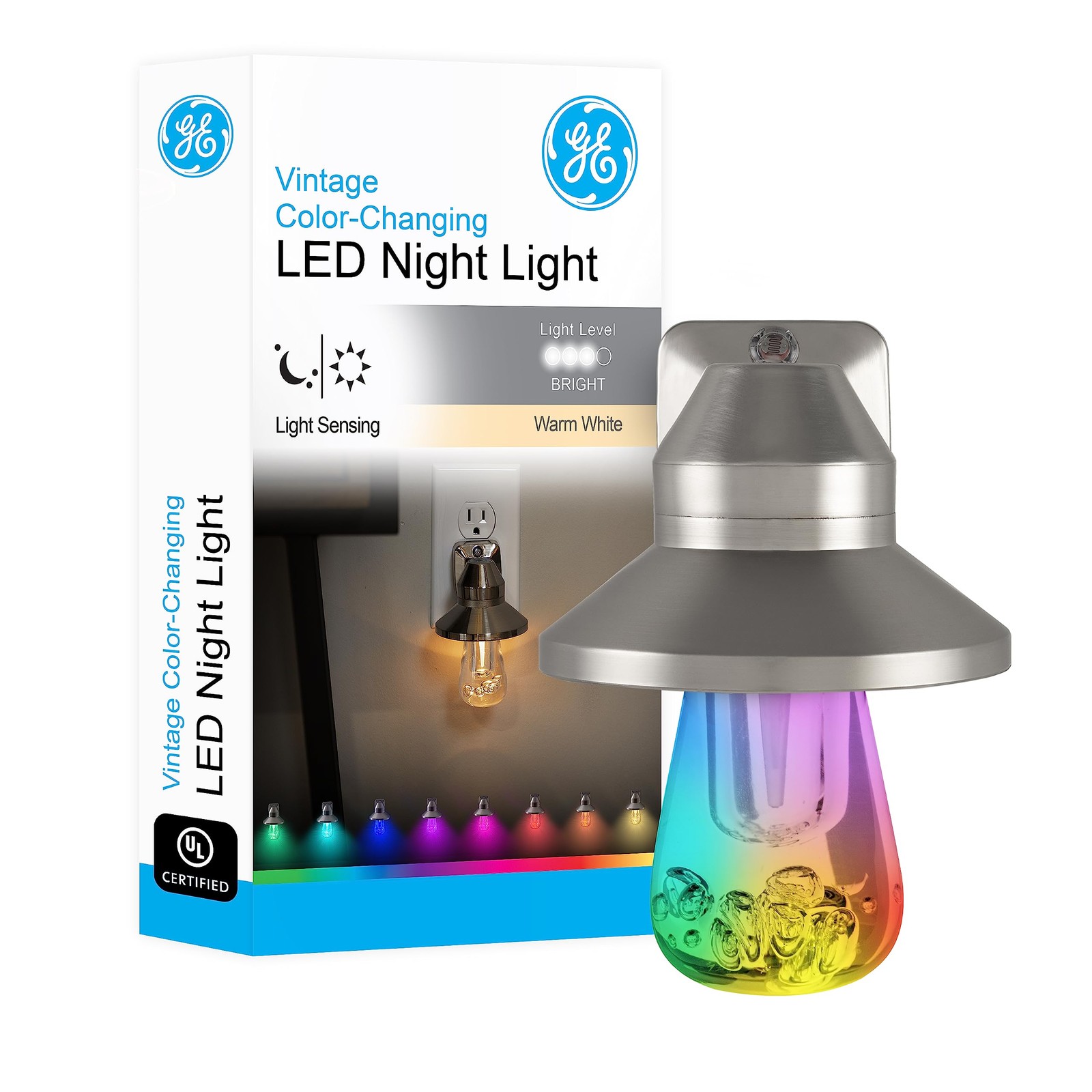 GE Color Changing LED Night Light Dusk to Dawn Plug In Silver 39158 Decor