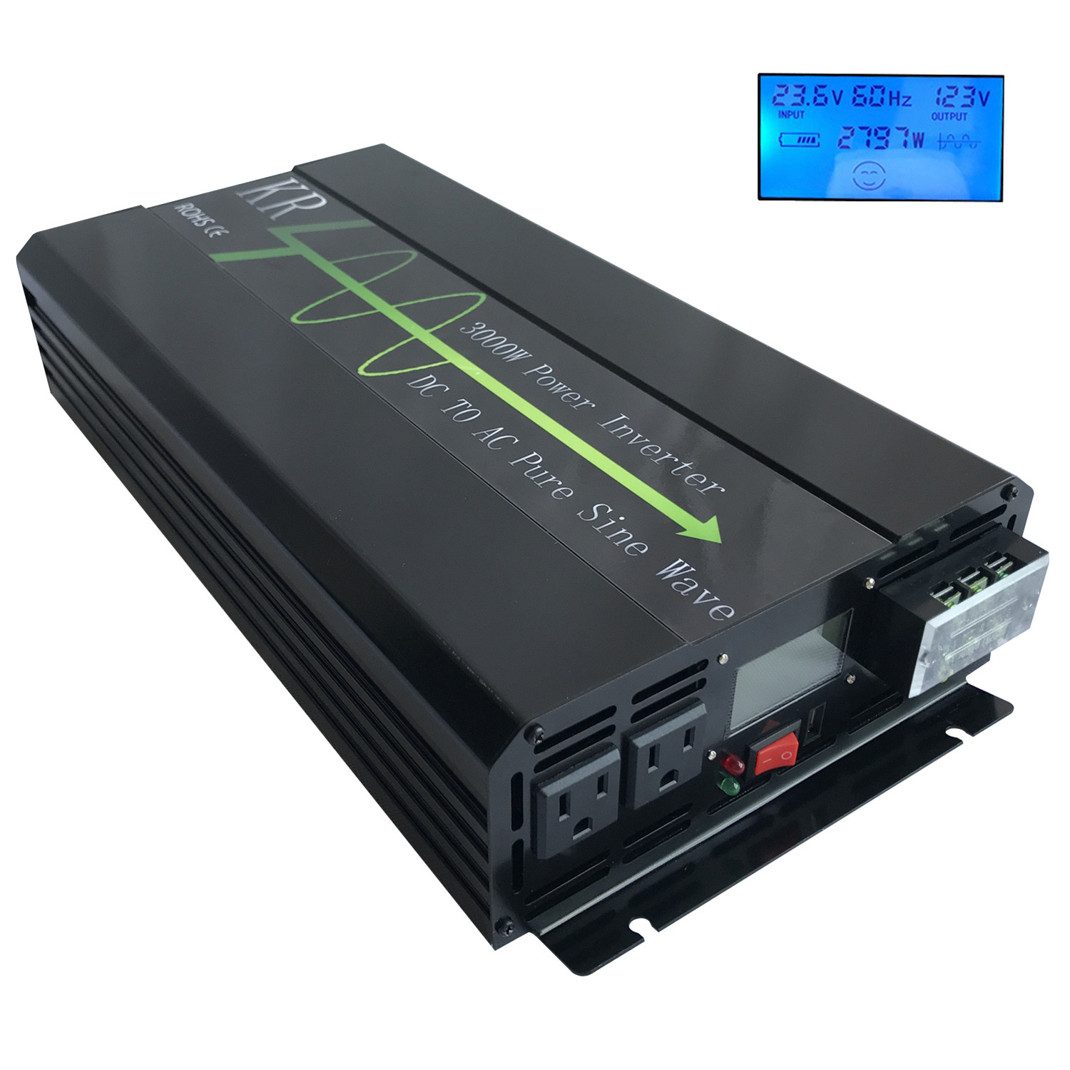 3000W Power inverter Pure Sine Wave 24V DC to 120V AC for Car/Home Solar from US
