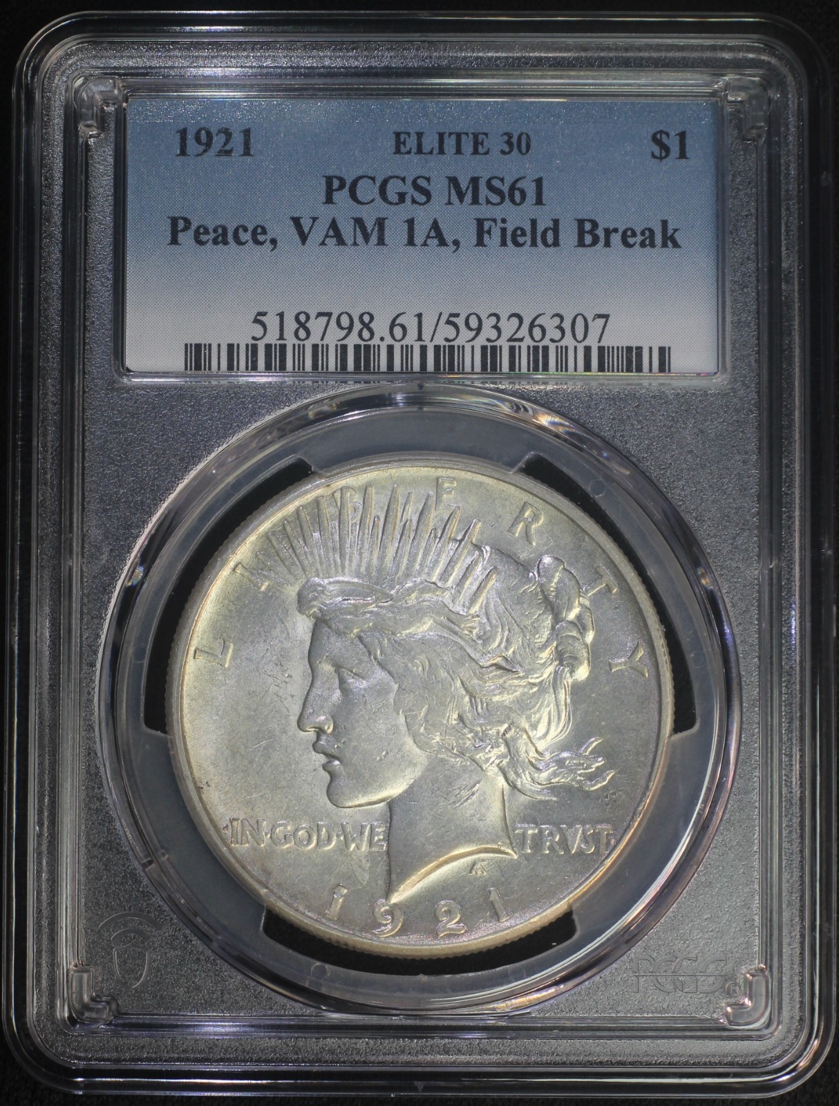 1921 Peace Silver Dollar PCGS MS61 Elite 30 VAM 1A Field Break BU