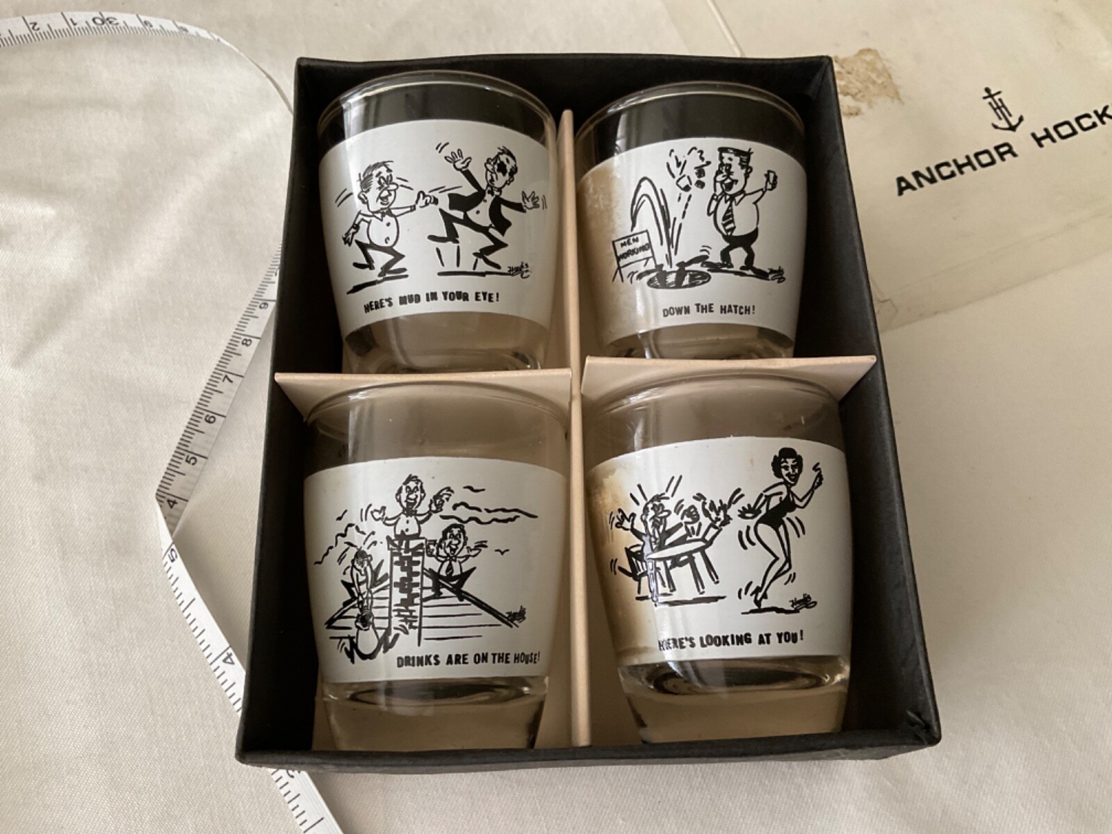 Anchor Hocking Shot Glasses 4 pcs Set Mid-Century Novelty Barware Comical NIB