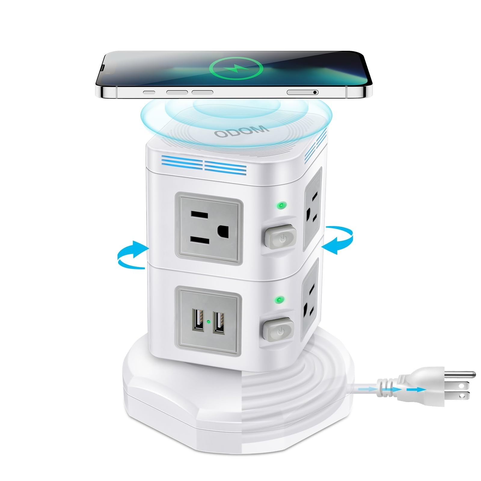 Power Strips Surge Protector 1800J, ODOM Power Strip Tower with 15W Wireless ...