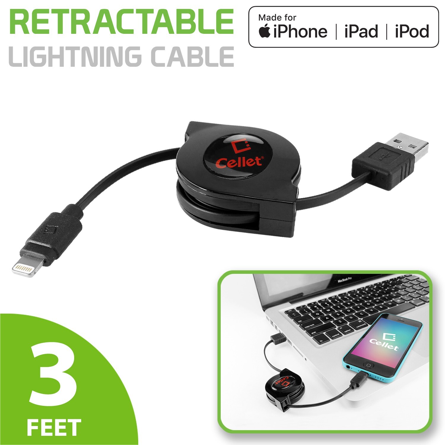 Cellet Retractable Apple MFi Certified Lightning Charging / Data Cable
