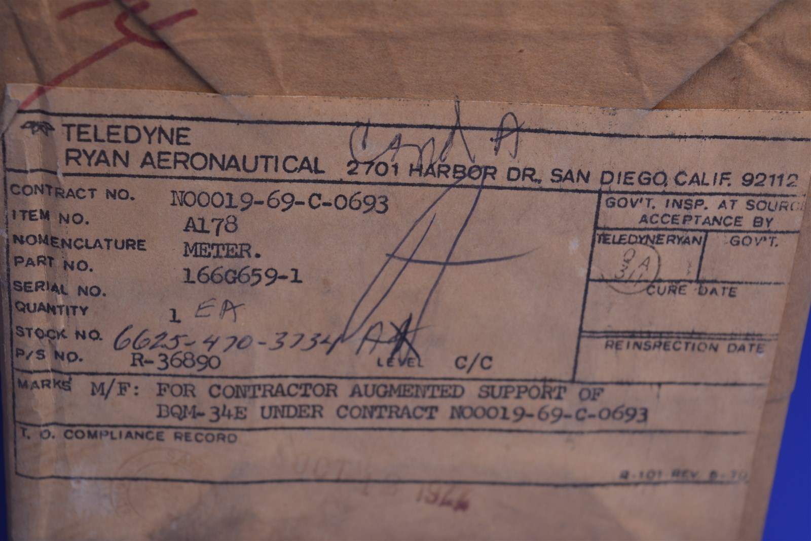 Ryan Firebee BQM-34A Launching Console Special Scale Meter # 166G659-1.