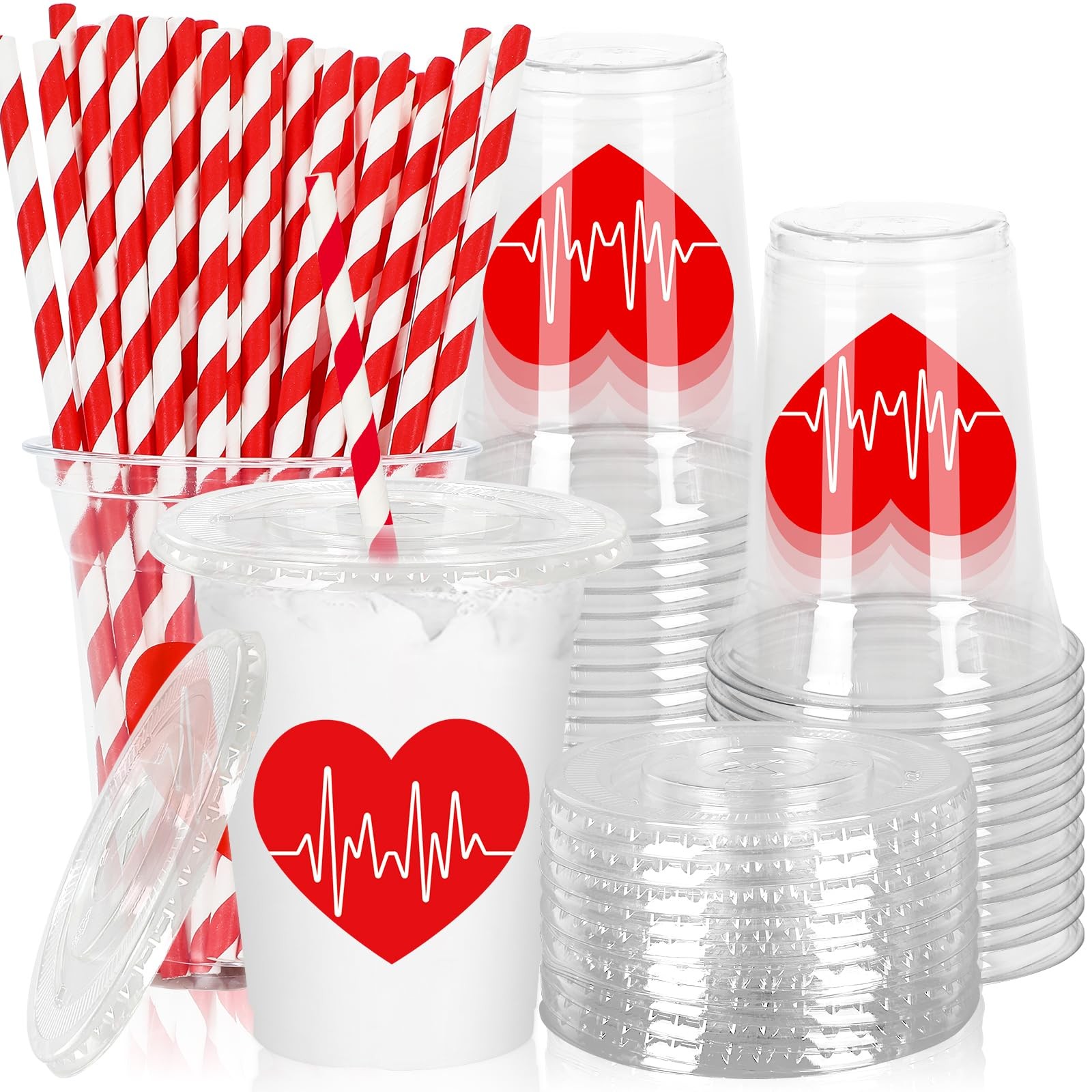 50Pcs Nurse Plastic Cups with Lids and Straws Red Heart Clear Plastic Cups 12oz