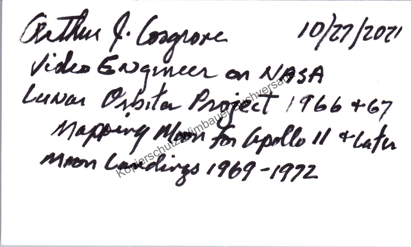 Original Autograph Arthur J. Cosgrove NASA Apollo 11 Video Engineer // A 299133
