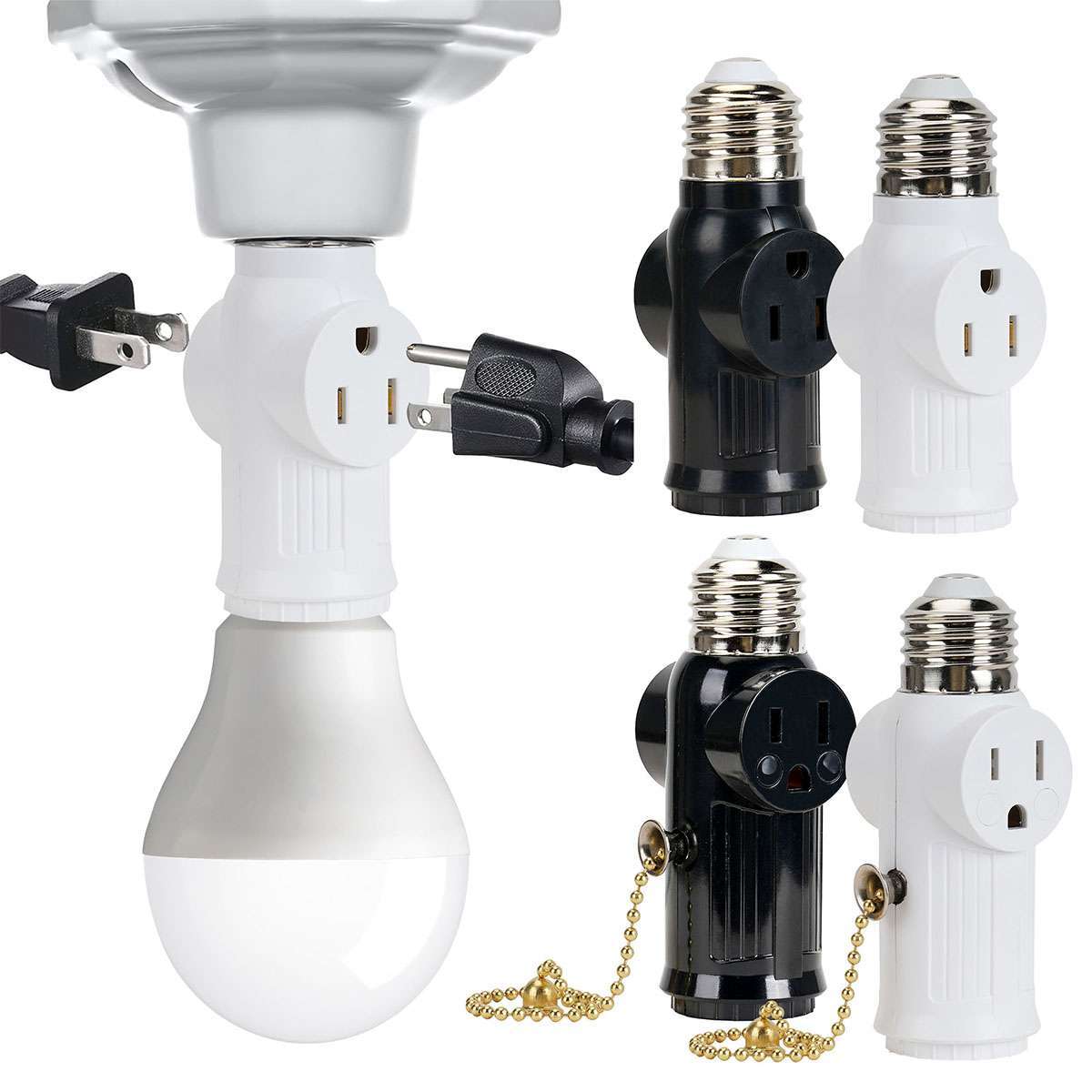E27 E26 Bulb Screw Light Socket 2/3 Prong With Pull Chain Switch Outlet Adapter