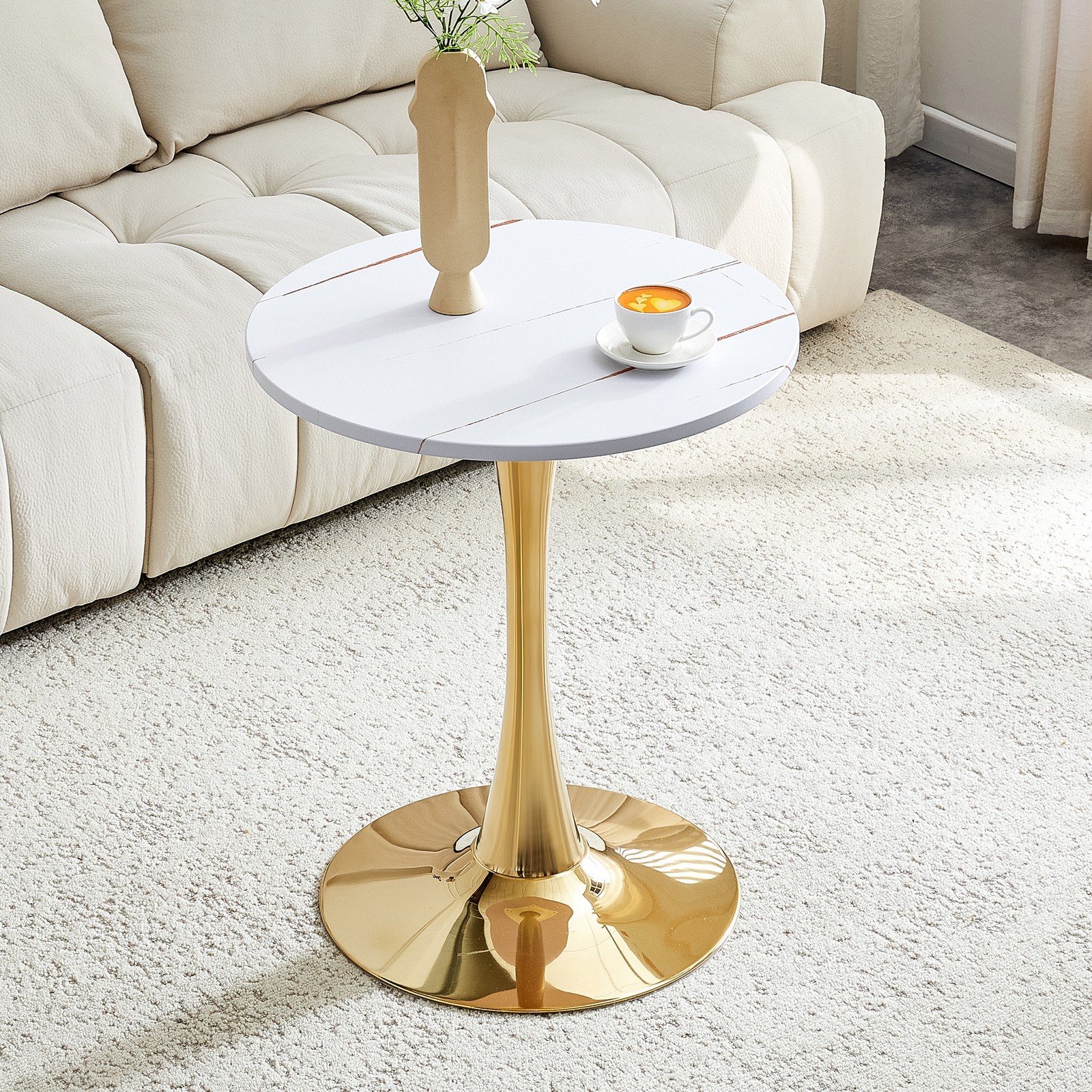 Round Dining Table, 23.6" Circle Tulip Table with Thickened Tabletop & Metal P