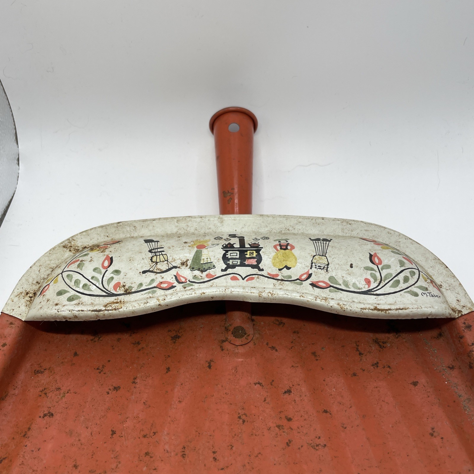JV Reed VTG USA Orange Metal Dustpan Mid Century Modern Dutch Folk Art M. Taber