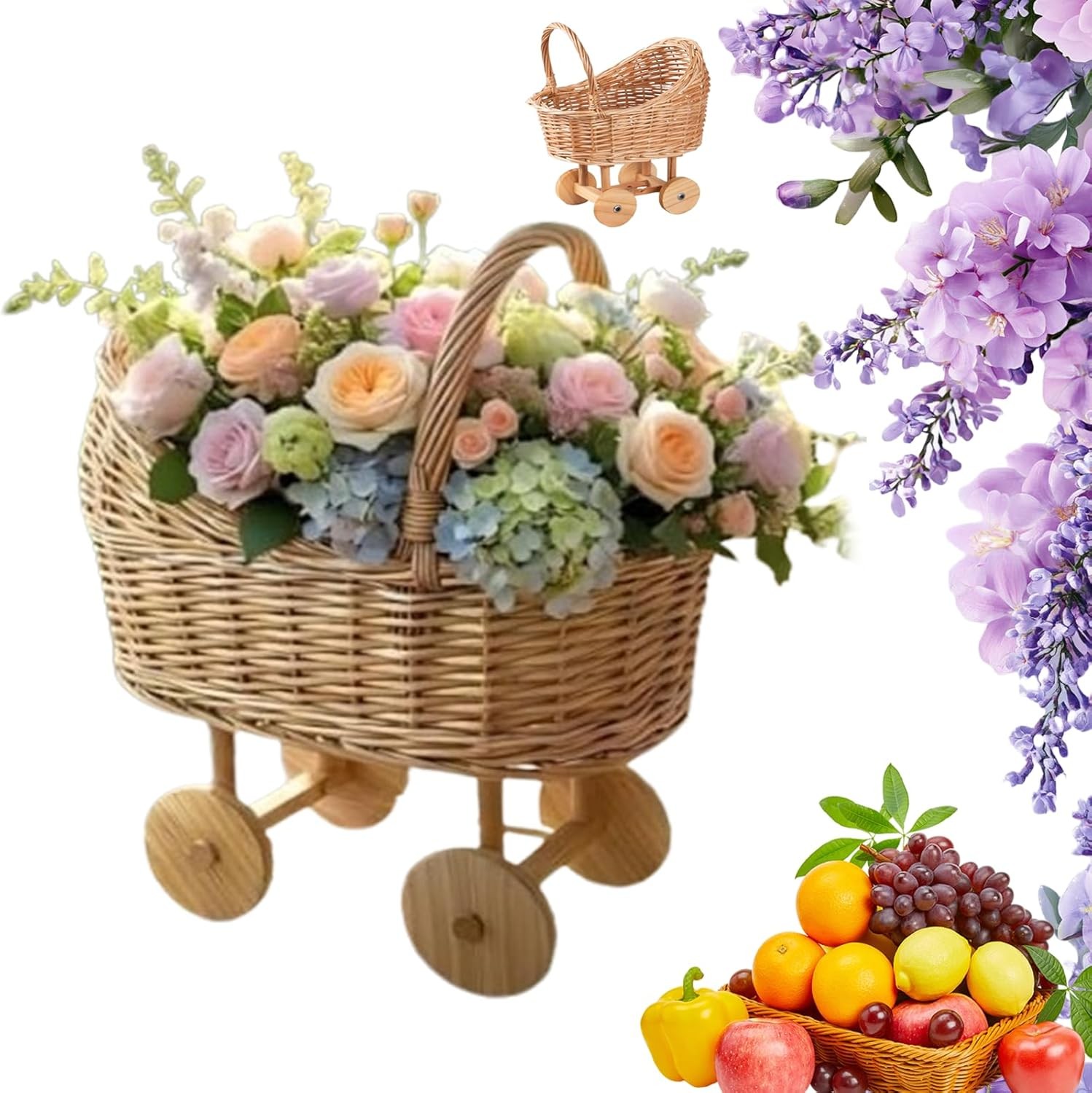 Vintage Rattan Baby Stroller Flower Basket,Wicker Baby Carriage for Babys Shower