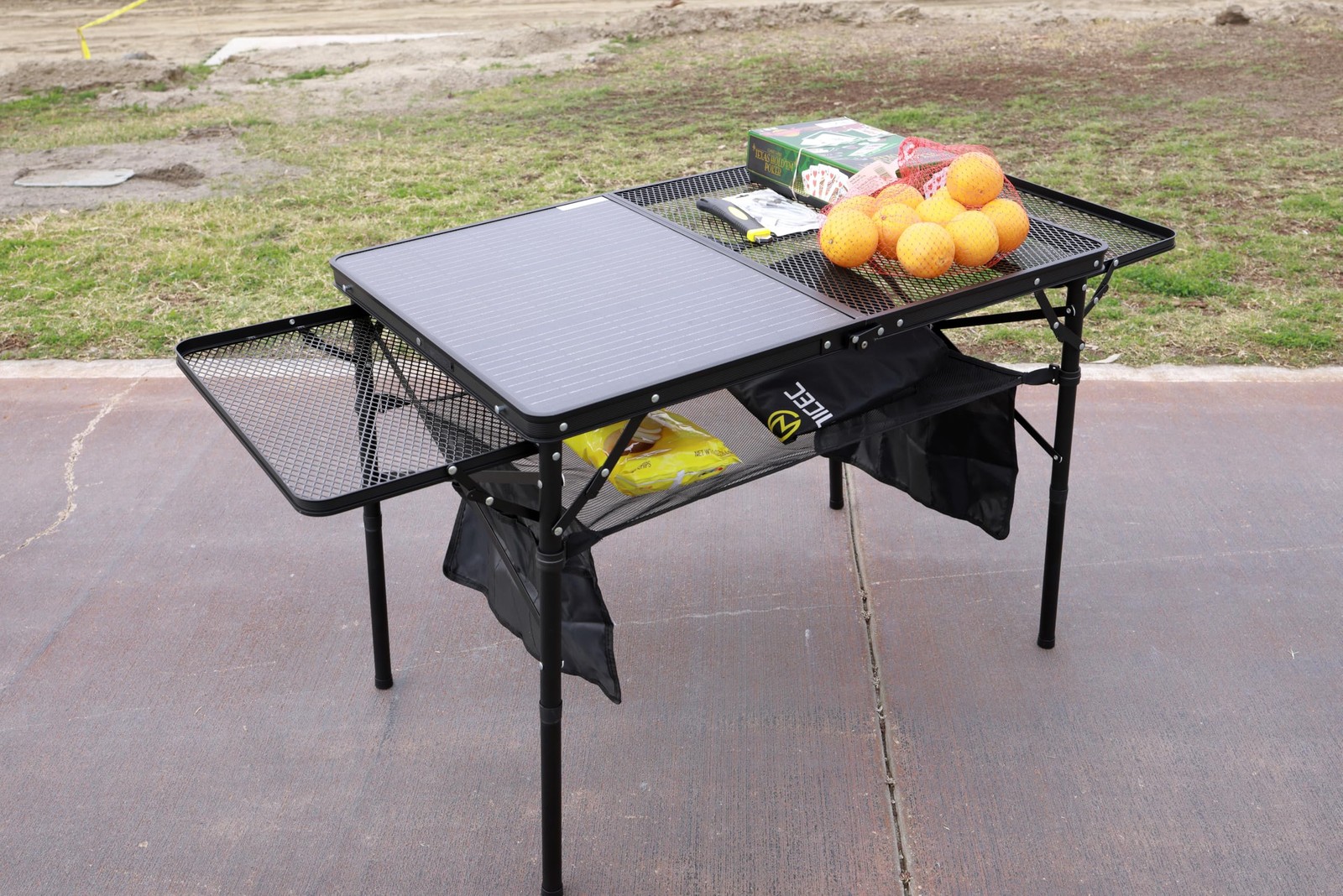Nice C Camping Table with Solar Charger, Side Shelves, Mesh Net & Cup Holders