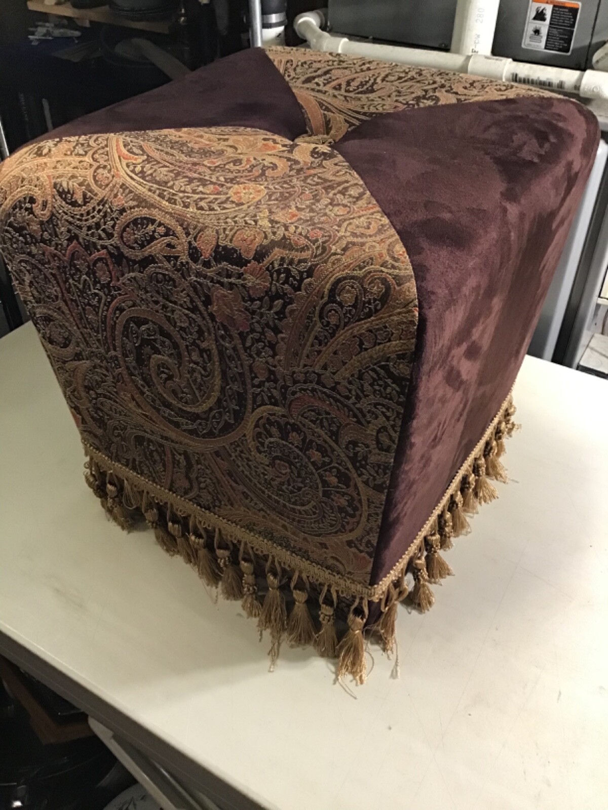 Home Goods Purple/Gold Velvet Vanity Stool Padded  17” GOLD TASSEL ROPE ACCENT