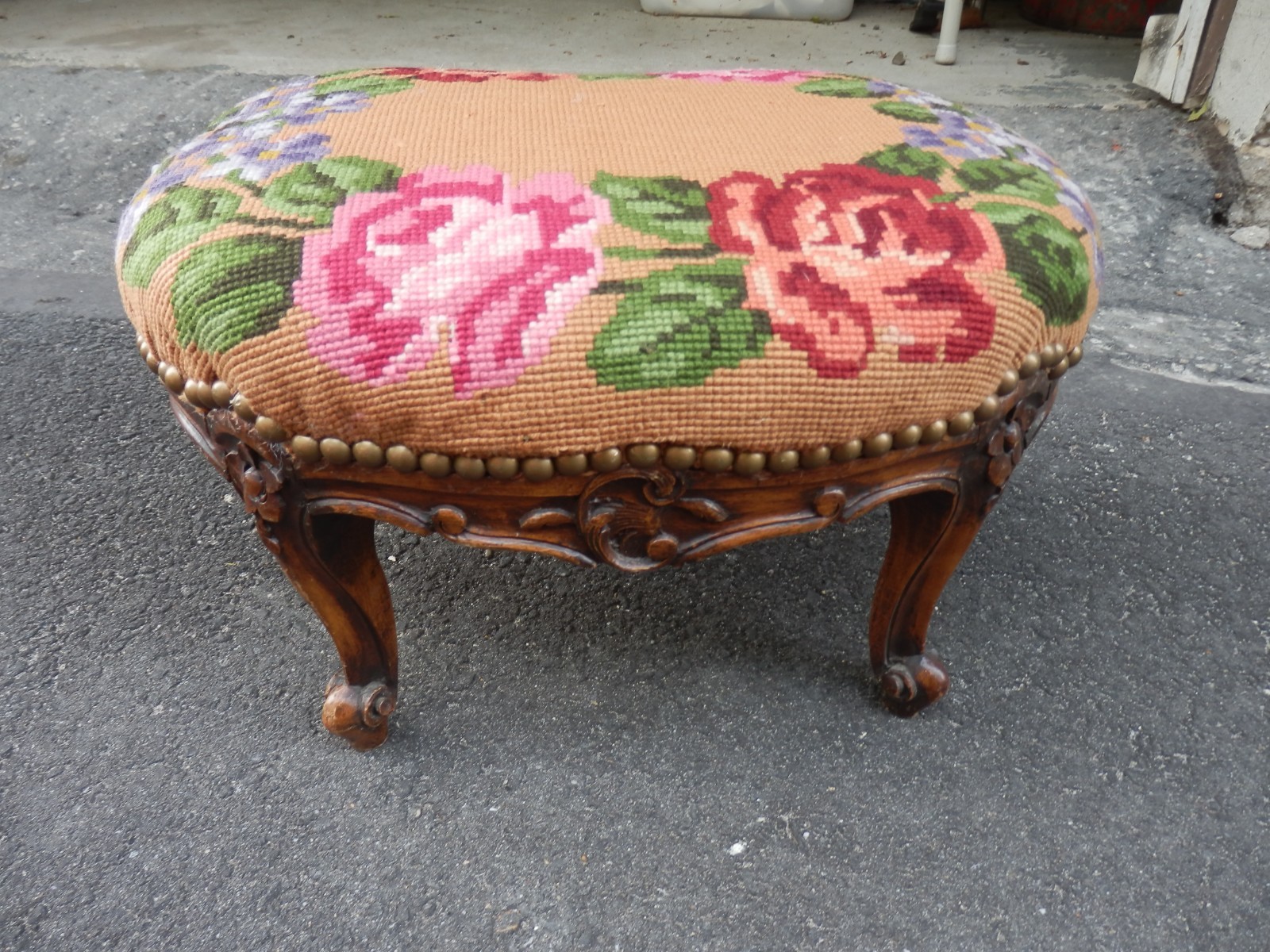 VTG Hand stitched Floral Needlepoint  Footstool Carved Wood