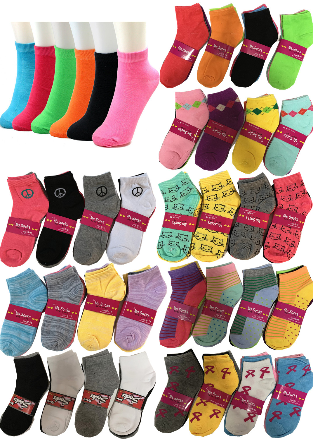 LOT!!! 6-12 Pairs Womens Ankle Quarter Socks Size 9-11 Fashion Casual