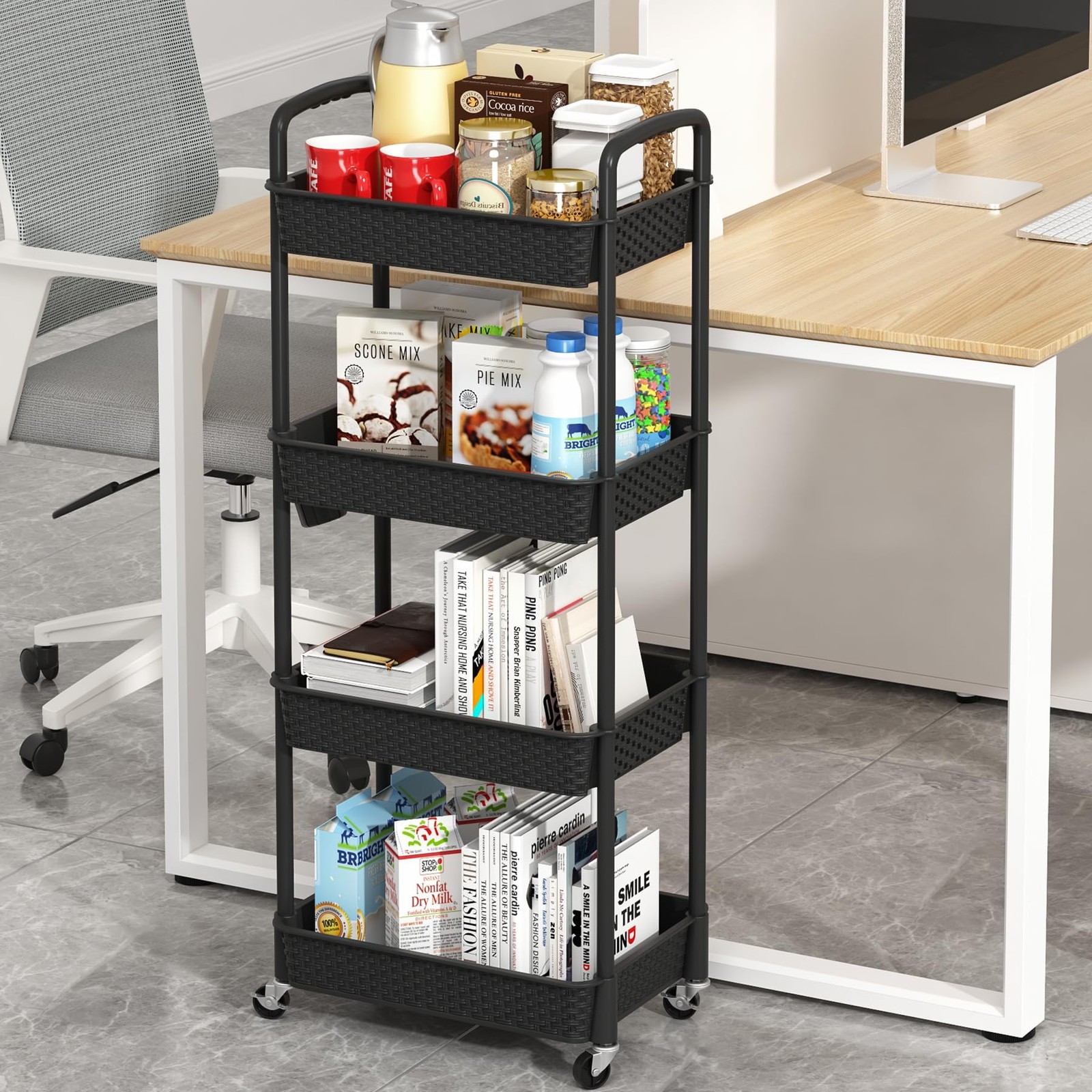 4-Tier Plastic Rolling Utility Cart with Handle, Utility Storage Cart for Off...