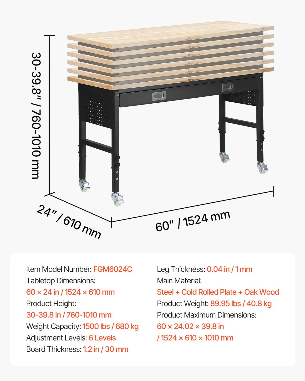 VEVOR 60-inch Adjustable Workbench Wood Work Table with Power Outlet & Drawer