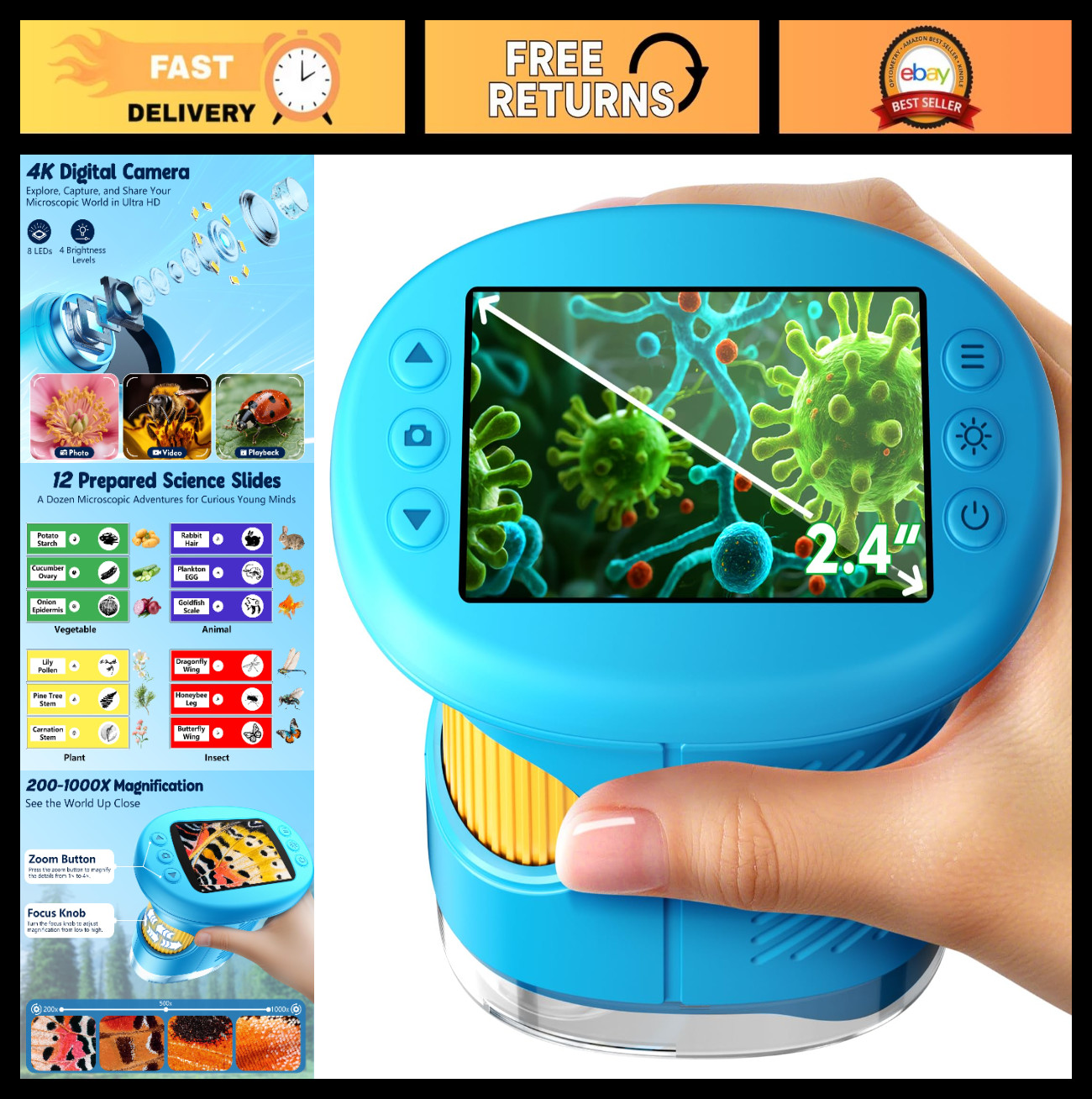 4K Digital Microscope for Kids, 1000X Magnification, 2.4" Screen, Portable Edu T