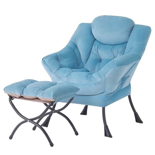 Modern Large Armchair with Ottoman, Lazy Chair in Blue Chiars, Light Blue