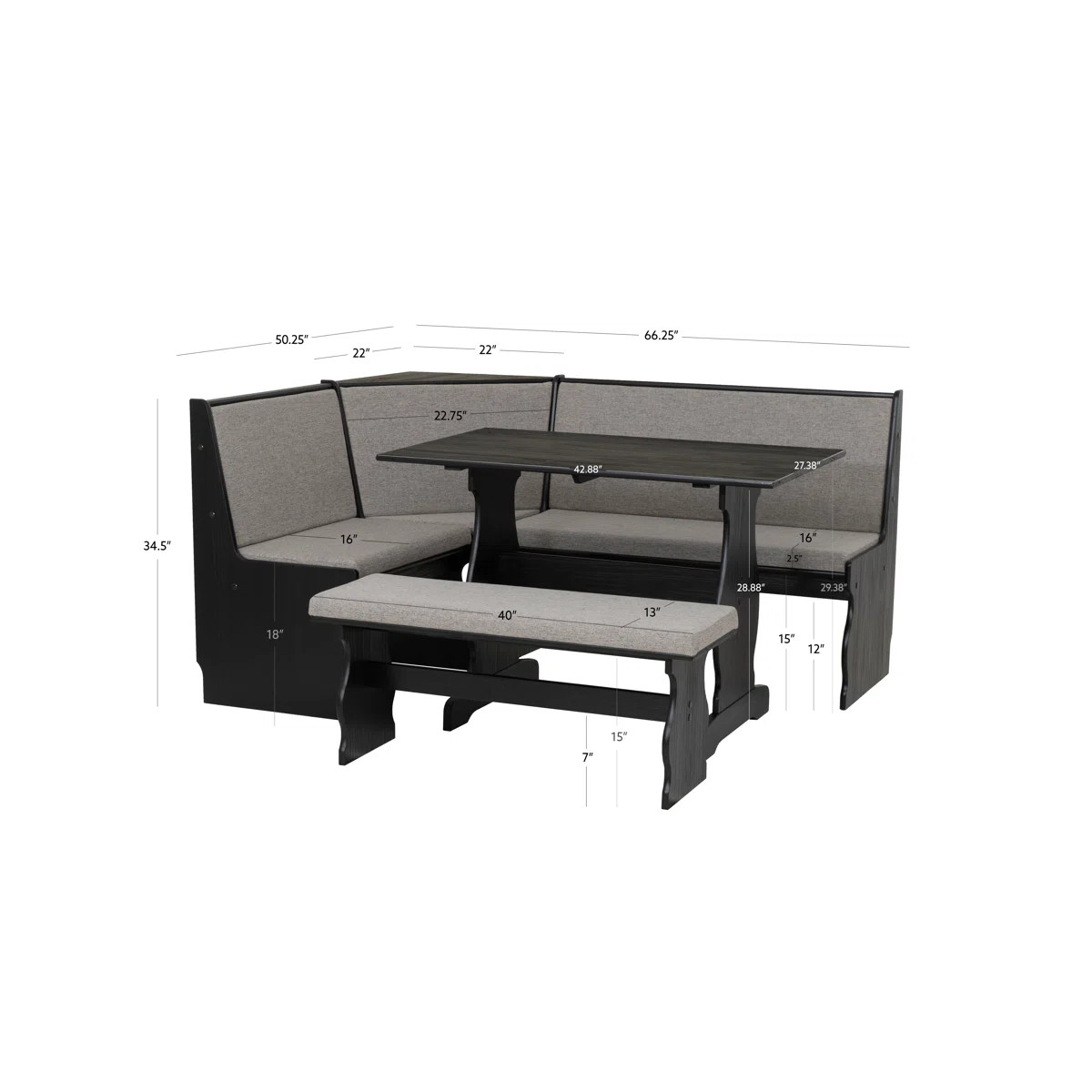 3 pc Gray Black Top Breakfast Nook Dining Set Corner Booth Bench Kitchen Table