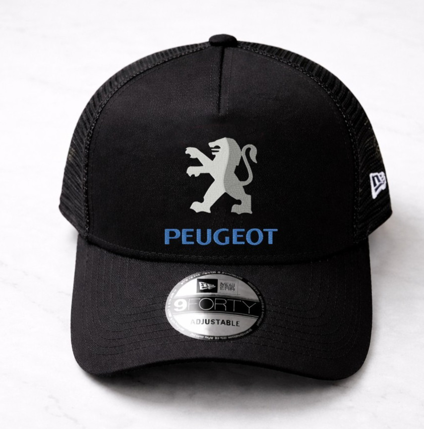 Peugeot Black New Era Mesh Trucker Hat, Unisex Hat, Embroidered Logo Hat
