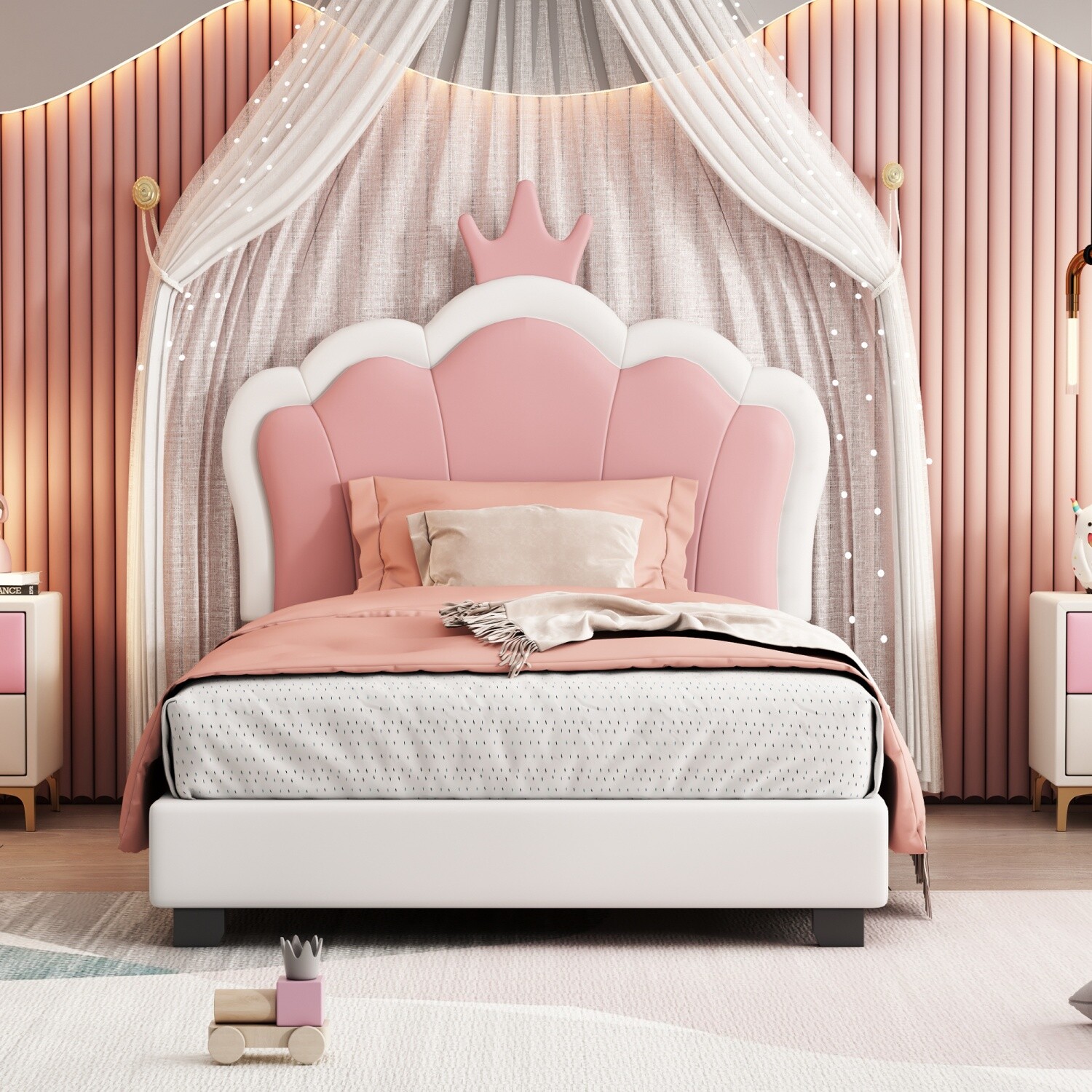 Twin/Full Size Bed Frame PU Upholstered Platform Bed w/ Headboard