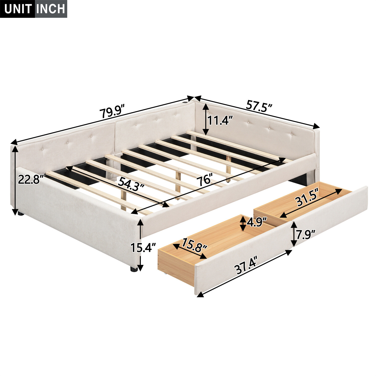 Full Size Daybed Upholstered Bed Frame Sofa Bed w/ USB Ports & 2 Drawer