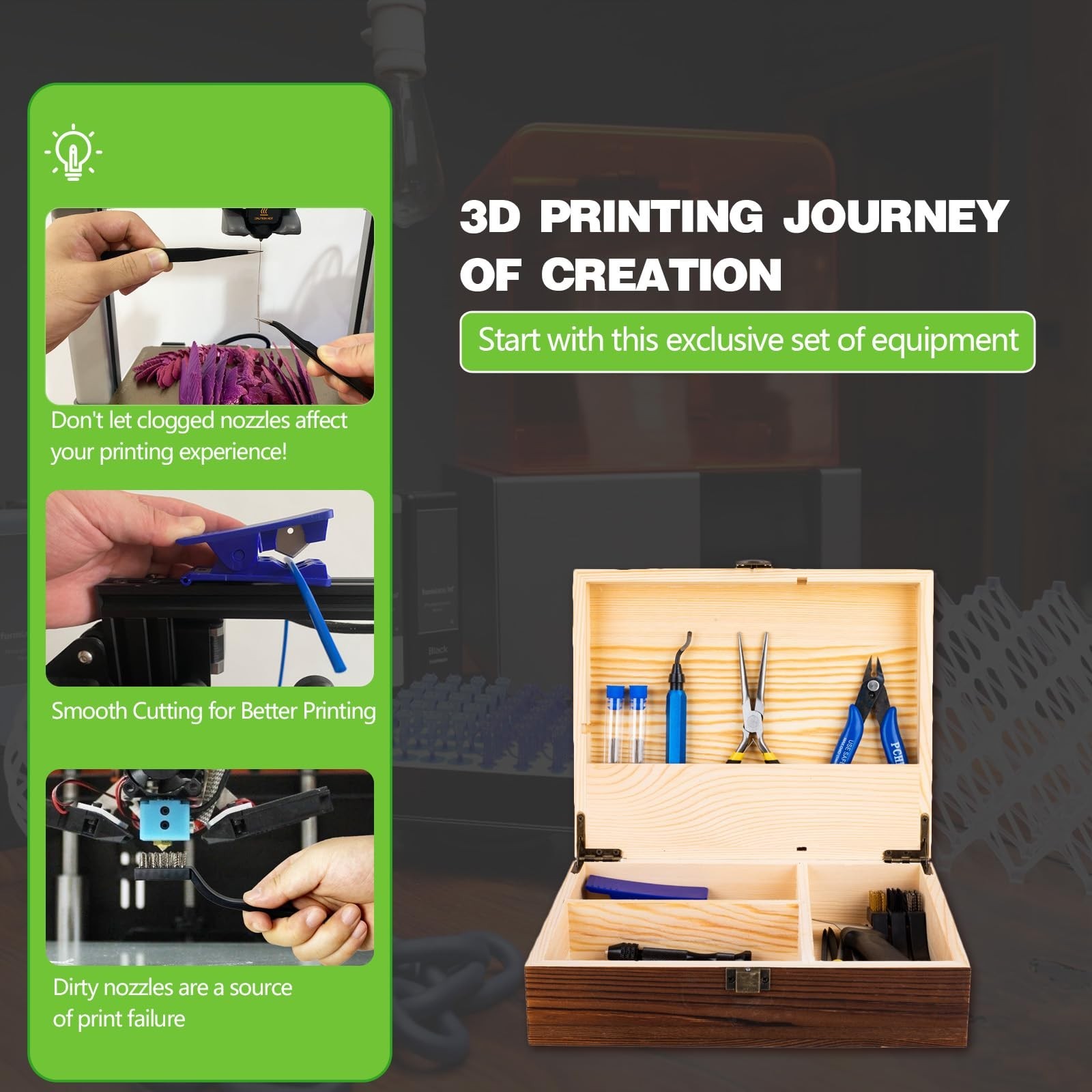 3D Printing Tool Set with Wood Box – 3D Printer Tools Features a deburring