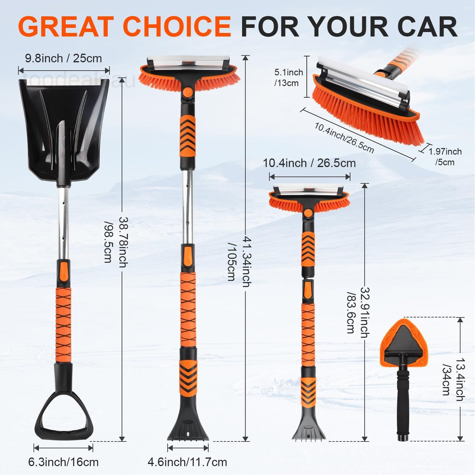 Extendable Snow Brush for Car, Ice Scrapers Car Orange