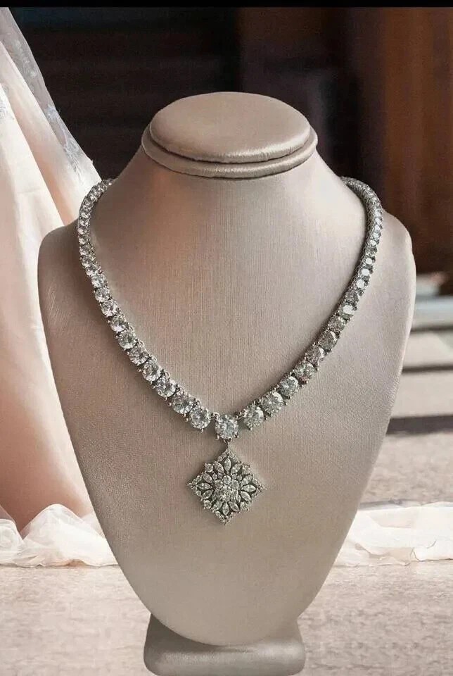 21CT Round Cut Lab Created 14k White Gold Finish Silver Diamond Tennis Necklaces