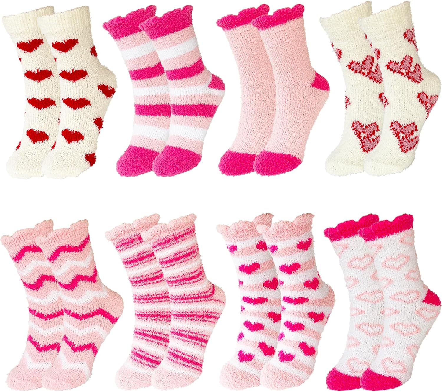 8 Pairs Womens Fuzzy Socks,Valentines Day Pink Heart Fuzzy,Soft Cozy Fluffy Slip