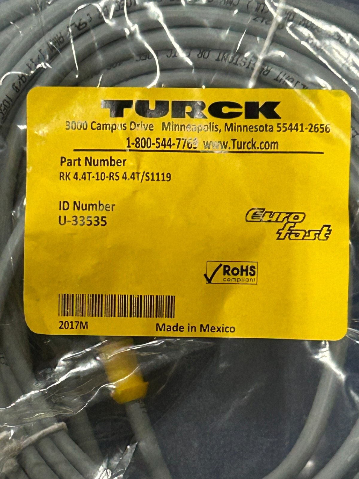 NEW - TURCK RK 4.4T-10-RS 4.4T/S1119 4PIN 10M/32.8FT EURO MALE/FEMALE STR (R-24)