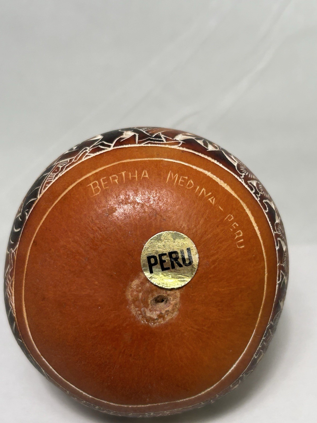 Etched Gourd/Rattle Signed Bertha Medina Peru 4”