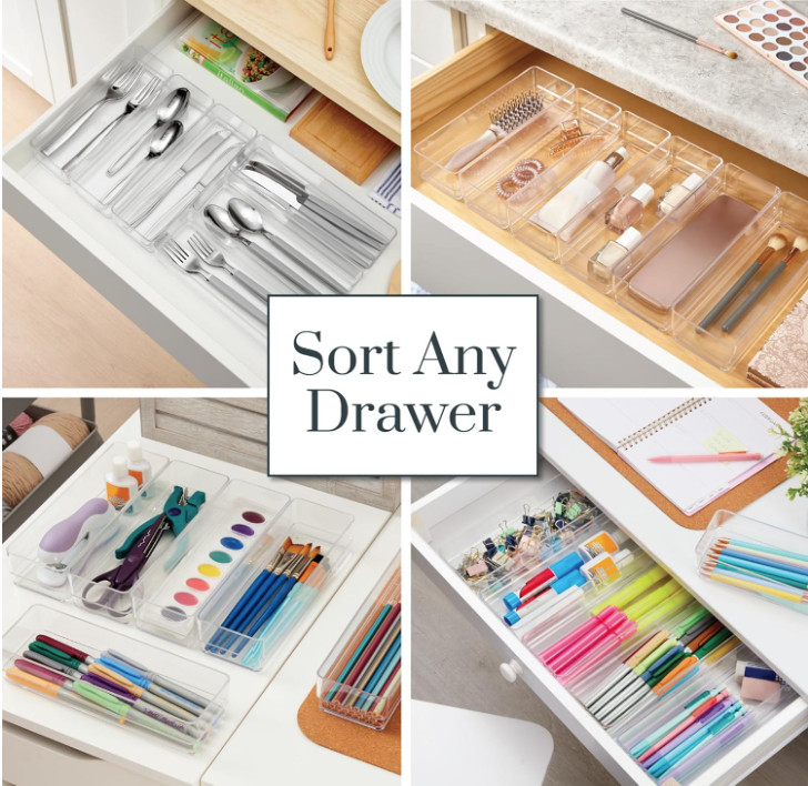 Stori Simplesort 6-Piece Stackable Clear Drawer Organizer Set | 9" X 3" X 2" Rec