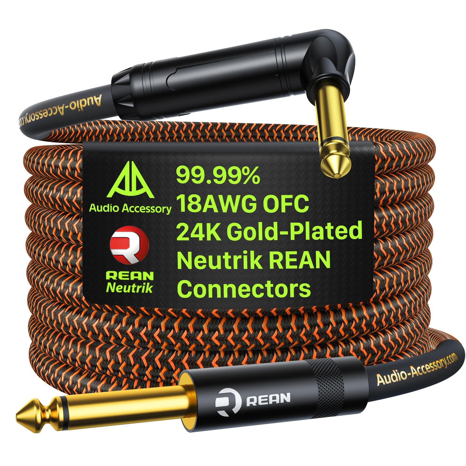 Pro Bass Guitar Cable 10 ft, Gold-Plated Neutrik REAN Connector, 18 AWG OFC, ...