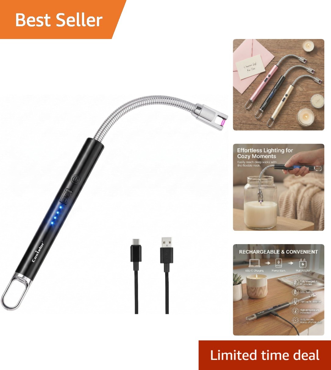USB Rechargeable Electric Candle Lighter with Long Flexible Neck & Safety Lock