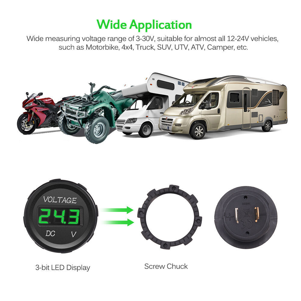 DC 12V/24V Digital Voltmeter LED Voltage Gauge Meter Green Waterproof Univesal